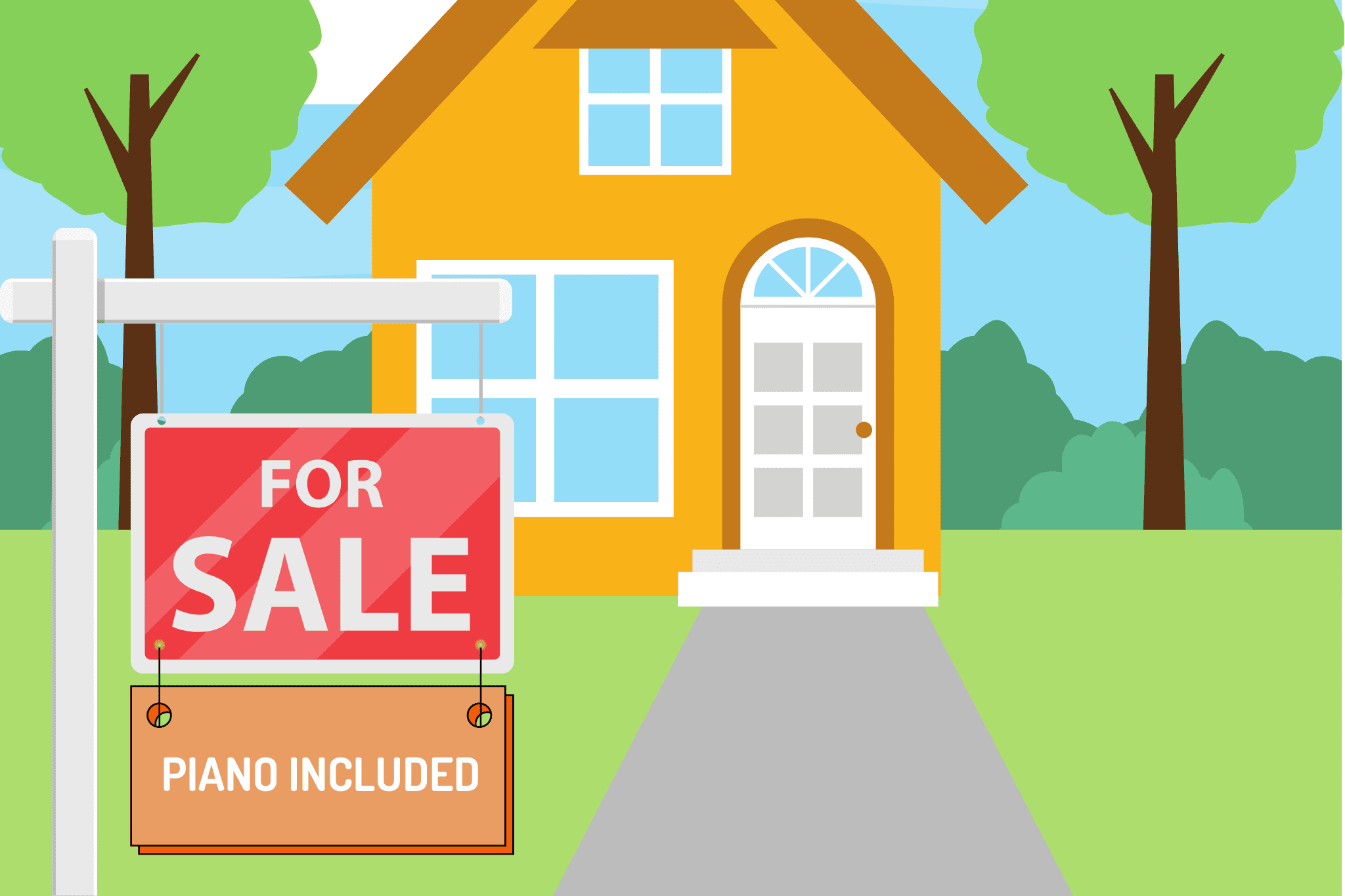 Illustration of house with for sale sign and piano included